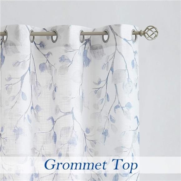 Leaf Floral PrintMetallic Sheer Linen Window Curtain Panel for Rustic LivingRoom - Picture 6 of 6